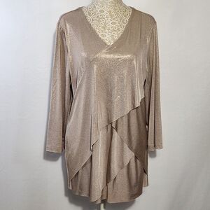 Chico's Travelers Blouse Tiered Gold Shimmer Slinky 3/4 Sleeve Stretch Size 2/12